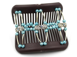African Butterfly Flowers Brown Hair Comb 75 - silver charms, aqua blue, sapphire beads, shown open, white background