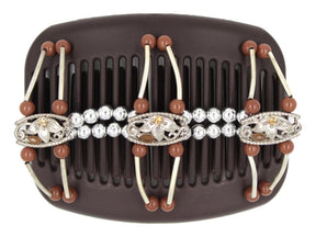 African Butterfly Flowers Brown Hair Comb 76 - silver filigree charms, amber cat's eye, chocolate silver beads, white background