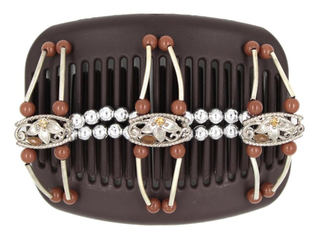 African Butterfly Flowers Brown Hair Comb 76 - silver filigree charms, amber cat's eye, chocolate silver beads, white background