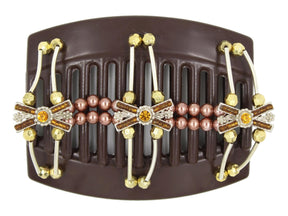 African Butterfly Thick Hair Comb - Flowers Brown 78 - silver X charms with large topaz rhinestones & small topaz beads, copper pearl beads, silver tube beads with gold ends, white background