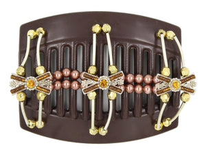 African Butterfly Thick Hair Comb - Flowers Brown 78 - silver X charms with large topaz rhinestones & small topaz beads, copper pearl beads, silver tube beads with gold ends, white background