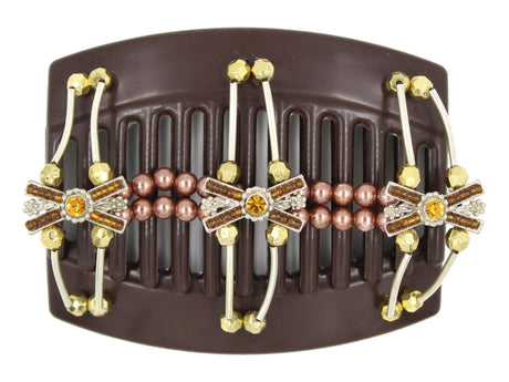 African Butterfly Thick Hair Comb - Flowers Brown 78 - silver X charms with large topaz rhinestones & small topaz beads, copper pearl beads, silver tube beads with gold ends, white background