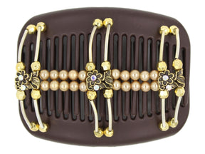 African Butterfly Hair Comb - Flowers Brown 79 - antique brass charms with clear iridescent rhinestones, gold beads, champagne pearl beads, silver tube beads, white background
