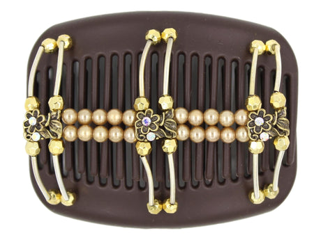 African Butterfly Hair Comb - Flowers Brown 79 - antique brass charms with clear iridescent rhinestones, gold beads, champagne pearl beads, silver tube beads, white background