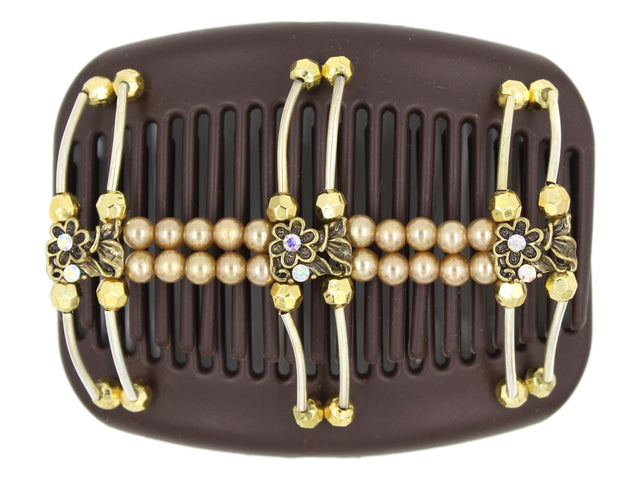 African Butterfly Hair Comb - Flowers Brown 79 - antique brass charms with clear iridescent rhinestones, gold beads, champagne pearl beads, silver tube beads, white background
