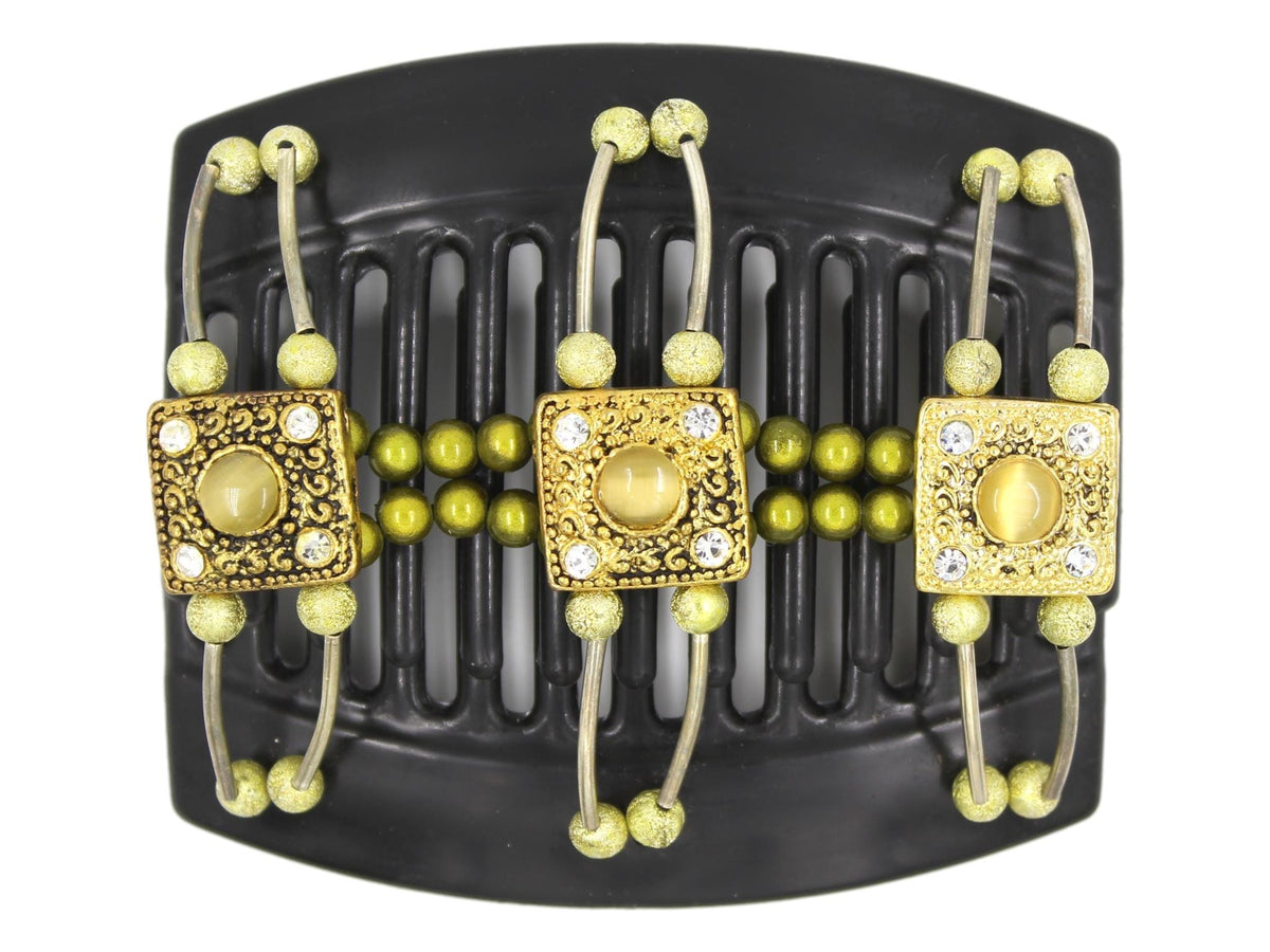 African Butterfly Thick Hair Comb - Flowers Black 63 - gold tiger's eye square beads, clear rhinestones, olive green magic beads, gold shimmer beads, silver tube beads, white background