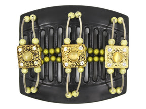 African Butterfly Thick Hair Comb - Flowers Black 63 - gold tiger's eye square beads, clear rhinestones, olive green magic beads, gold shimmer beads, silver tube beads, white background