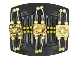 African Butterfly Thick Hair Comb - Flowers Black 63 - gold tiger's eye square beads, clear rhinestones, olive green magic beads, gold shimmer beads, silver tube beads, white background