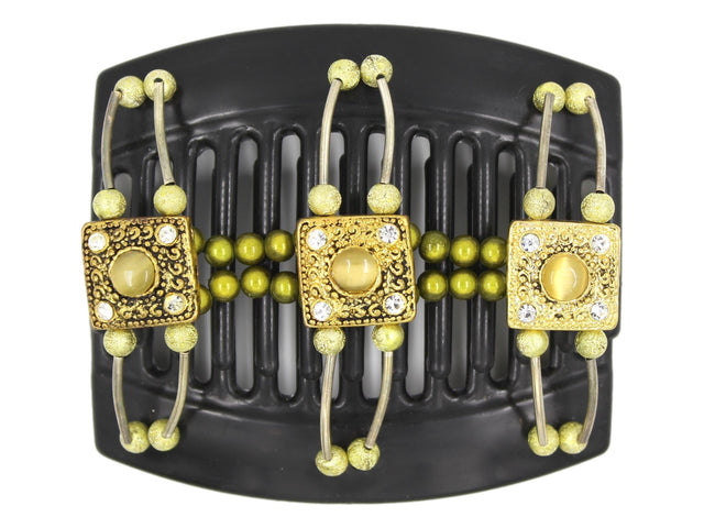 African Butterfly Thick Hair Comb - Flowers Black 63 - gold tiger's eye square beads, clear rhinestones, olive green magic beads, gold shimmer beads, silver tube beads, white background