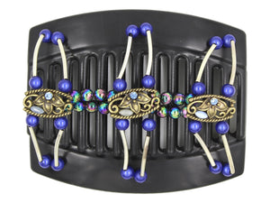 African Butterfly Thick Hair Comb - Flowers Black 64 - antique brass flower filigree charms, baby blue tiger's eye beads, blue topaz rhinestones, sapphire blue magic beads, rainbow beads, silver tube beads, white background