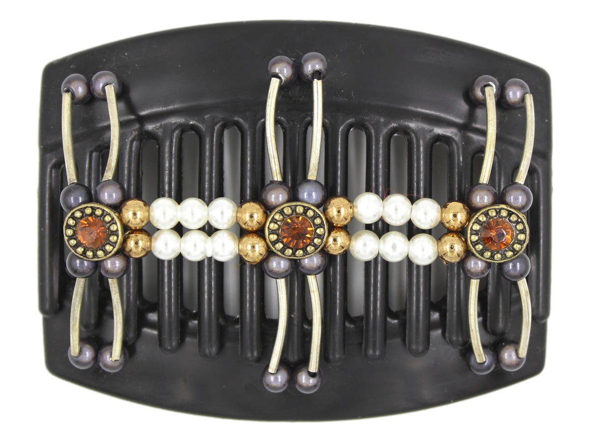 African Butterfly Thick Hair Comb - Flowers Black 65 - antique brass charms with burnt orange rhinestones, charcoal gray magic beads, gold shiny beads, white pearl beads, silver tube beads, white background