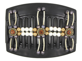 African Butterfly Thick Hair Comb - Flowers Black 65 - antique brass charms with burnt orange rhinestones, charcoal gray magic beads, gold shiny beads, white pearl beads, silver tube beads, white background