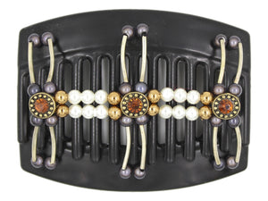 African Butterfly Thick Hair Comb - Flowers Black 65 - antique brass charms with burnt orange rhinestones, charcoal gray magic beads, gold shiny beads, white pearl beads, silver tube beads, white background