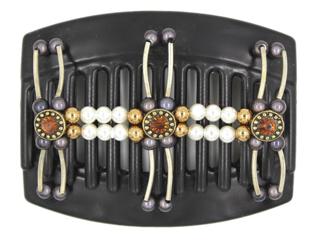 African Butterfly Thick Hair Comb - Flowers Black 65 - antique brass charms with burnt orange rhinestones, charcoal gray magic beads, gold shiny beads, white pearl beads, silver tube beads, white background