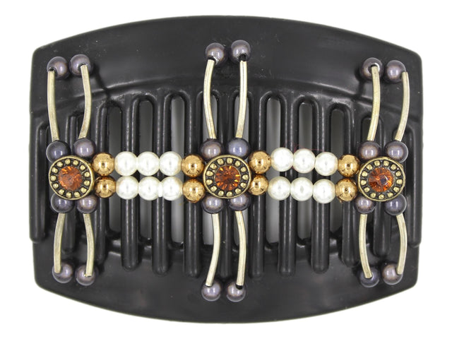 African Butterfly Thick Hair Comb - Flowers Black 65 - antique brass charms with burnt orange rhinestones, charcoal gray magic beads, gold shiny beads, white pearl beads, silver tube beads, white background