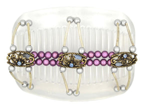 African Butterfly Flowers Clear Hair Comb 84 - antique brass charms, aqua blue rhinestones, aqua cat's eye beads, dusty rose magic beads, silver beads, white background
