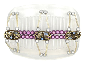 African Butterfly Flowers Clear Hair Comb 84 - antique brass charms, aqua blue rhinestones, aqua cat's eye beads, dusty rose magic beads, silver beads, white background