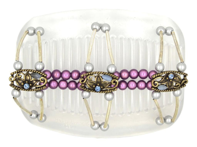 African Butterfly Flowers Clear Hair Comb 84 - antique brass charms, aqua blue rhinestones, aqua cat's eye beads, dusty rose magic beads, silver beads, white background
