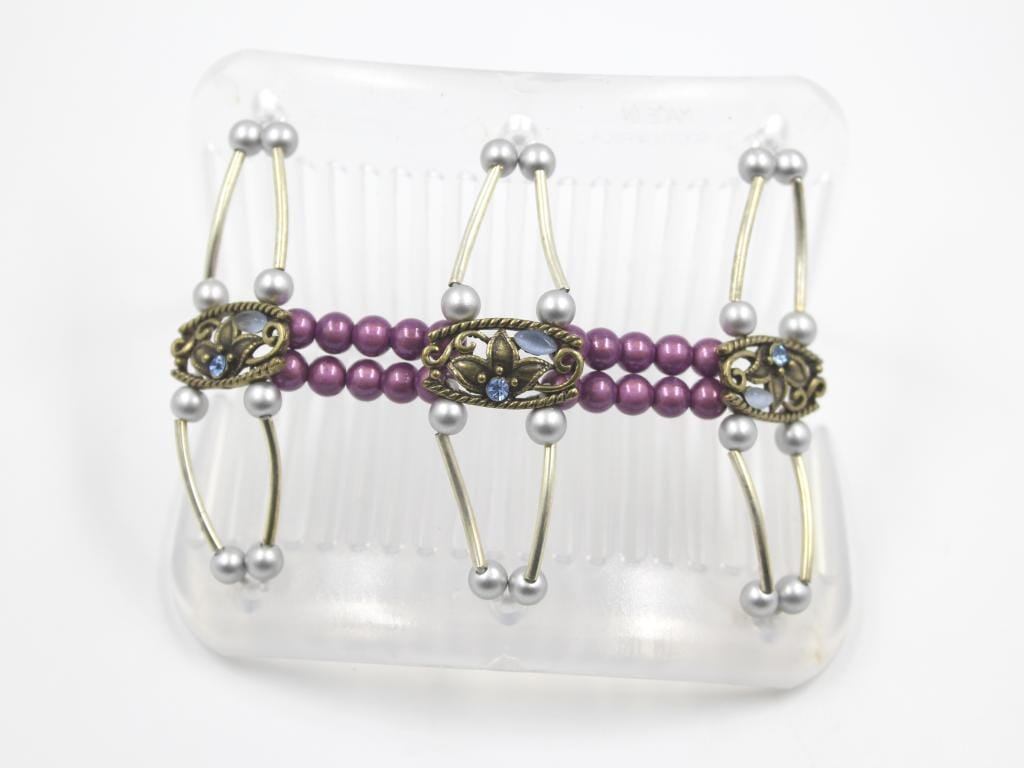 African Butterfly Flowers Clear Hair Comb 84 - antique brass charms, aqua blue rhinestones, aqua cat's eye beads, dusty rose magic beads, silver beads, shown open, white background