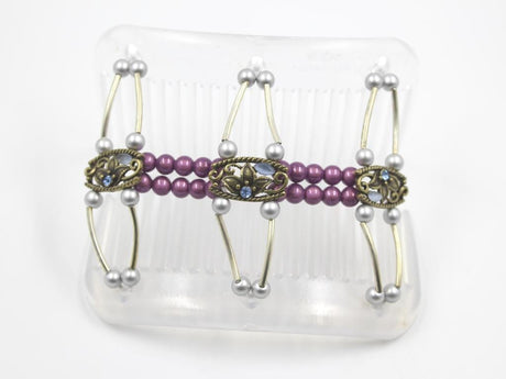African Butterfly Flowers Clear Hair Comb 84 - antique brass charms, aqua blue rhinestones, aqua cat's eye beads, dusty rose magic beads, silver beads, shown open, white background