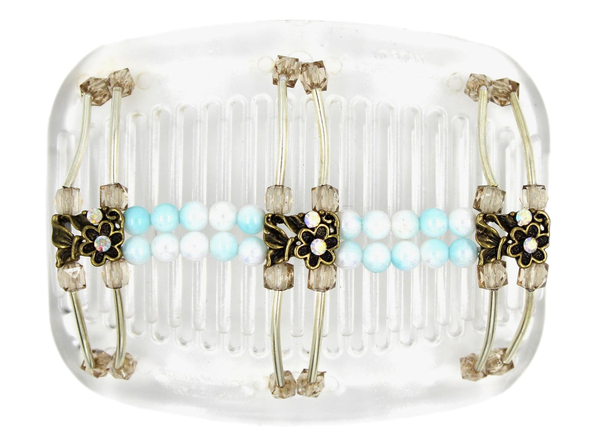 African Butterfly Hair Comb - Flowers Clear 86 - antique brass charms with clear iridescent rhinestones, champagne acrylic beads, baby blue and white ombre beads, silver tube beads, white background