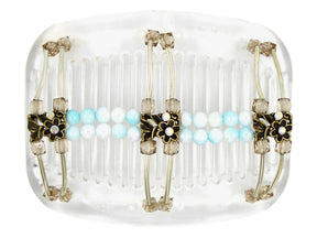 African Butterfly Hair Comb - Flowers Clear 86 - antique brass charms with clear iridescent rhinestones, champagne acrylic beads, baby blue and white ombre beads, silver tube beads, white background