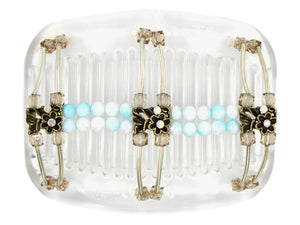African Butterfly Hair Comb - Flowers Clear 86 - antique brass charms with clear iridescent rhinestones, champagne acrylic beads, baby blue and white ombre beads, silver tube beads, white background