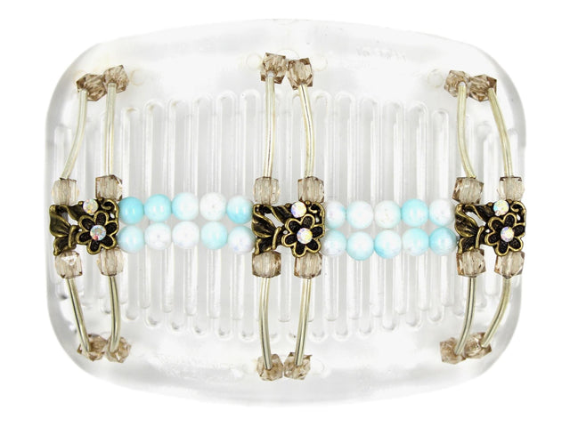 African Butterfly Hair Comb - Flowers Clear 86 - antique brass charms with clear iridescent rhinestones, champagne acrylic beads, baby blue and white ombre beads, silver tube beads, white background