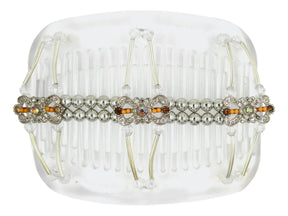 African Butterfly Hair Comb - Flowers Clear 87 - silver charms with peach beads, light peach and topaz rhinestones, silver beads, clear acrylic beads, silver tube beads, white background