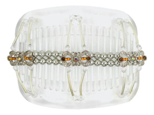 African Butterfly Hair Comb - Flowers Clear 87 - silver charms with peach beads, light peach and topaz rhinestones, silver beads, clear acrylic beads, silver tube beads, white background