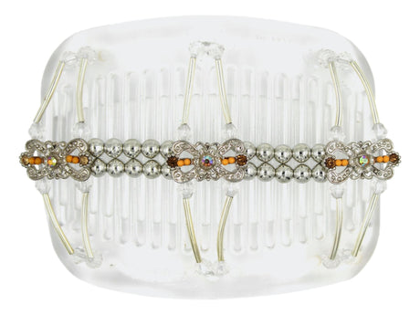 African Butterfly Hair Comb - Flowers Clear 87 - silver charms with peach beads, light peach and topaz rhinestones, silver beads, clear acrylic beads, silver tube beads, white background
