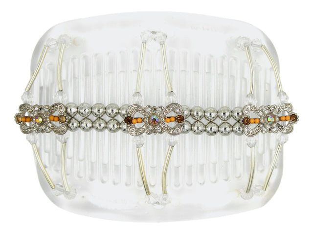African Butterfly Hair Comb - Flowers Clear 87 - silver charms with peach beads, light peach and topaz rhinestones, silver beads, clear acrylic beads, silver tube beads, white background