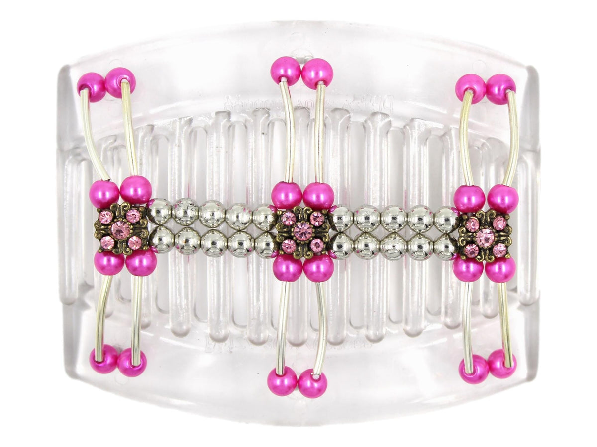 African Butterfly Thick Hair Comb - Flowers Clear 88 - antique bronze charms with light pink rhinestones, silver beads, hot pink pearly beads, silver tubes, white background
