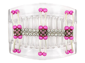 African Butterfly Thick Hair Comb - Flowers Clear 88 - antique bronze charms with light pink rhinestones, silver beads, hot pink pearly beads, silver tubes, white background