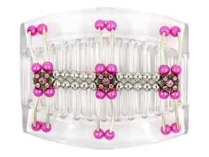 African Butterfly Thick Hair Comb - Flowers Clear 88 - antique bronze charms with light pink rhinestones, silver beads, hot pink pearly beads, silver tubes, white background