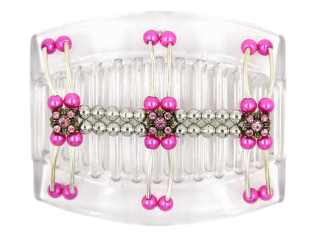 African Butterfly Thick Hair Comb - Flowers Clear 88 - antique bronze charms with light pink rhinestones, silver beads, hot pink pearly beads, silver tubes, white background