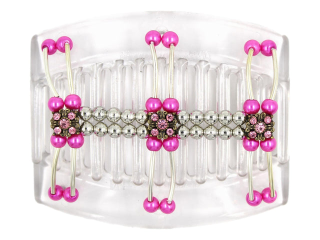 African Butterfly Thick Hair Comb - Flowers Clear 88 - antique bronze charms with light pink rhinestones, silver beads, hot pink pearly beads, silver tubes, white background