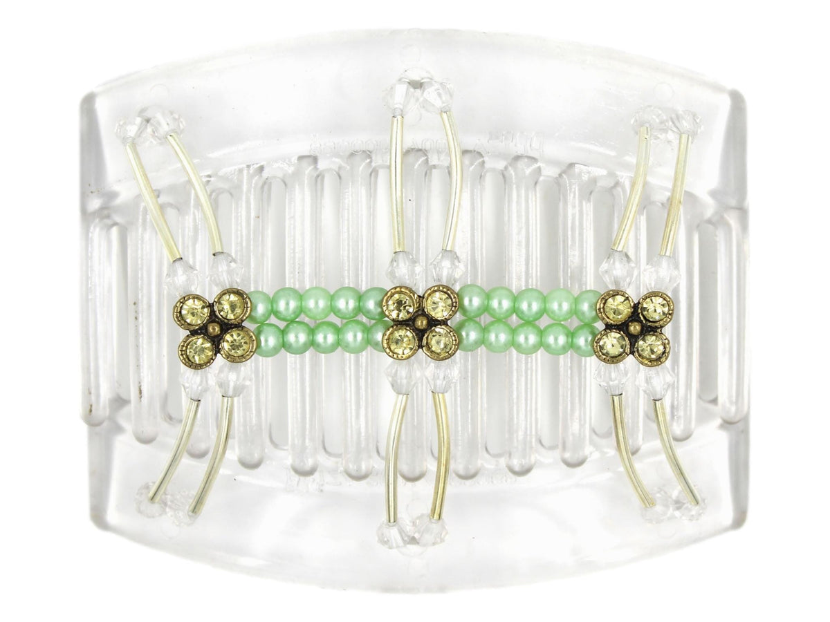 African Butterfly Thick Hair Comb - Flowers Clear 89 - antique brass charms with light khaki rhinestones, pale green pearly beads, clear acrylic beads, silver tubes, white background