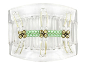 African Butterfly Thick Hair Comb - Flowers Clear 89 - antique brass charms with light khaki rhinestones, pale green pearly beads, clear acrylic beads, silver tubes, white background