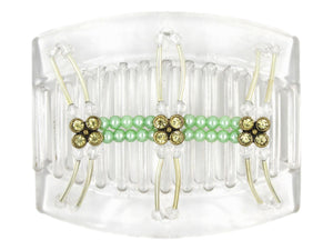 African Butterfly Thick Hair Comb - Flowers Clear 89 - antique brass charms with light khaki rhinestones, pale green pearly beads, clear acrylic beads, silver tubes, white background
