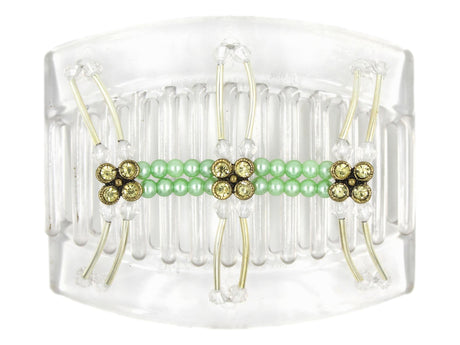 African Butterfly Thick Hair Comb - Flowers Clear 89 - antique brass charms with light khaki rhinestones, pale green pearly beads, clear acrylic beads, silver tubes, white background
