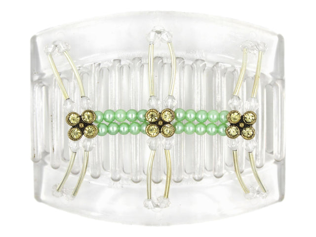 African Butterfly Thick Hair Comb - Flowers Clear 89 - antique brass charms with light khaki rhinestones, pale green pearly beads, clear acrylic beads, silver tubes, white background
