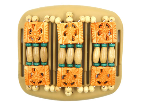 African Butterfly Hair Comb - Tripla Blonde 58 - natural wood beads, teal accent beads, honey Dupla beads, cream wood beads, white background