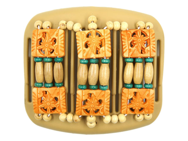 African Butterfly Hair Comb - Tripla Blonde 58 - natural wood beads, teal accent beads, honey Dupla beads, cream wood beads, white background
