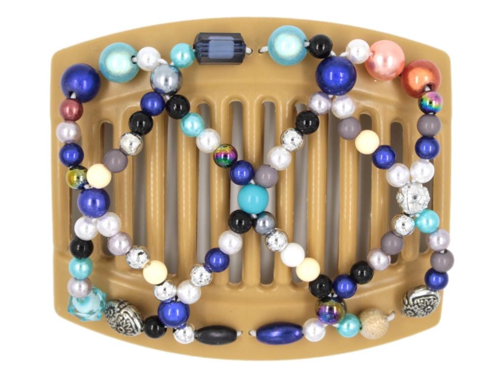 African Butterfly Ndalena Blonde Hair Comb 108 - bold blue ocean beads, white background
