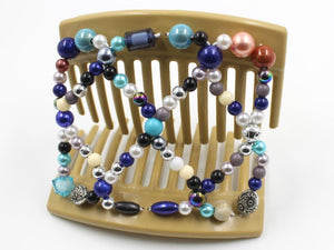 African Butterfly Ndalena Blonde Hair Comb 108 - bold blue ocean beads, shown open, white background