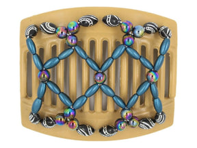 African Butterfly Ndalena Blonde Hair Comb 109 - rainbow, cerulean, black silver beads, white background