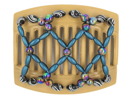 African Butterfly Ndalena Blonde Hair Comb 109 - rainbow, cerulean, black silver beads, white background