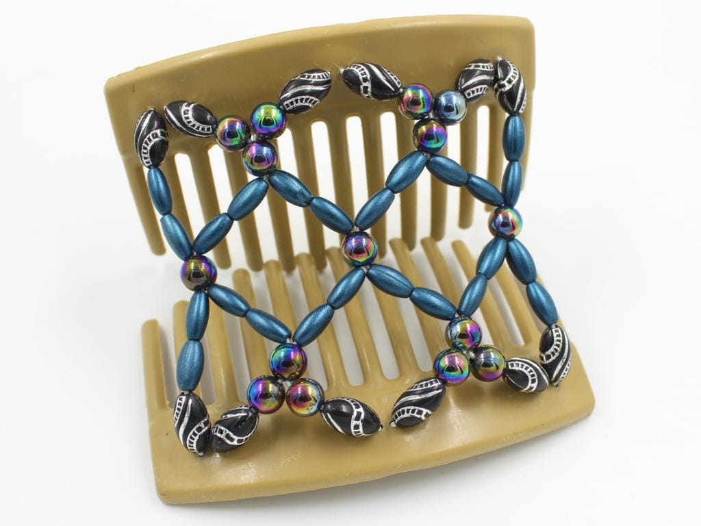African Butterfly Ndalena Blonde Hair Comb 109 - rainbow, cerulean, black silver beads, shown open, white background