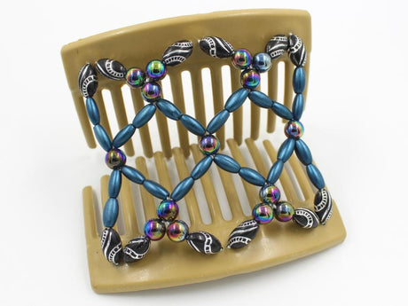 African Butterfly Ndalena Blonde Hair Comb 109 - rainbow, cerulean, black silver beads, shown open, white background